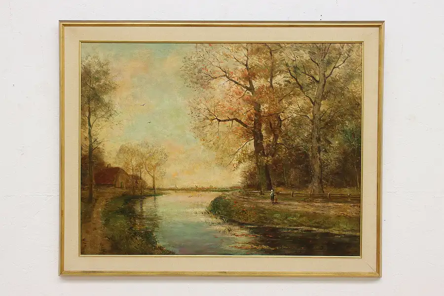 Main image of Dutch River Scene Antique Original Oil Painting Kauten 44"