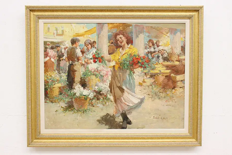 Main image of Woman & Flowers Vintage Original Oil Painting Vizkeleti 38"