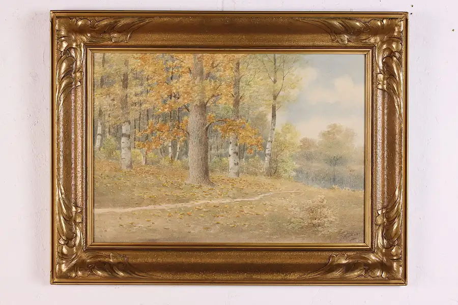 Main image of Autumn Woods Antique Original Watercolor Painting Dixon 26"