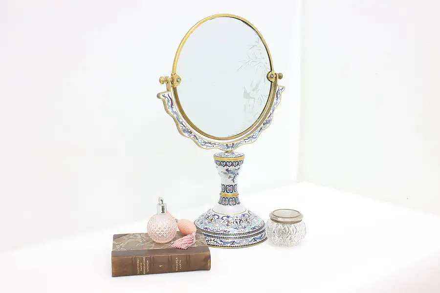 Main image of Chinese Vintage Cloisonne Enamel Tabletop Mirror, Birds