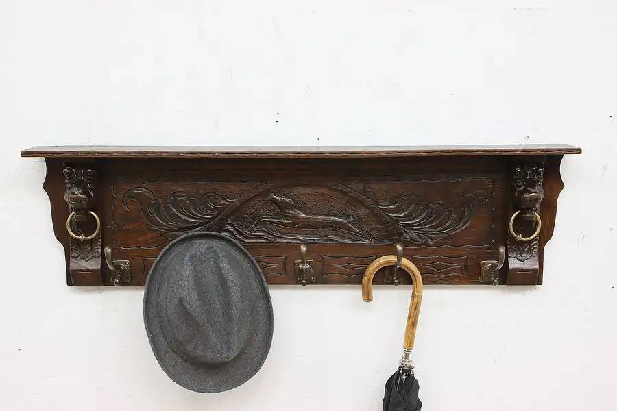 Main image of Victorian Antique Oak Wall Shelf & Coat Rack, Carved Dogs