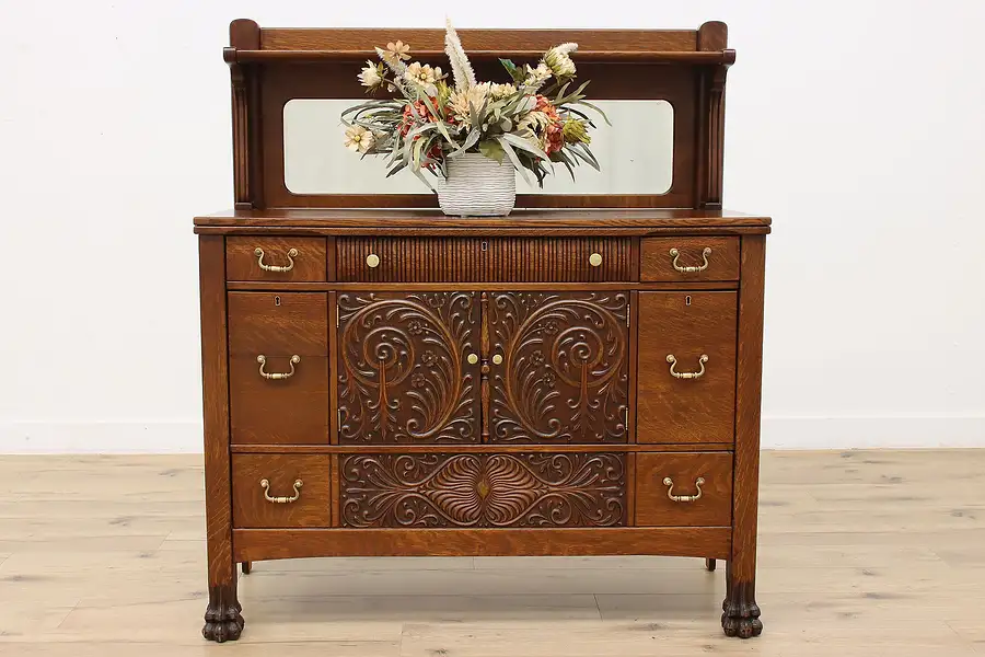 Main image of Victorian Antique Oak Sideboard Server Bar, Carved Paw Feet