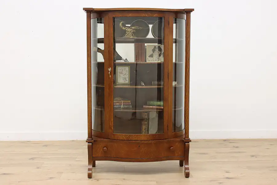 Main image of Victorian Antique Oak Curved Glass China Curio Cabinet