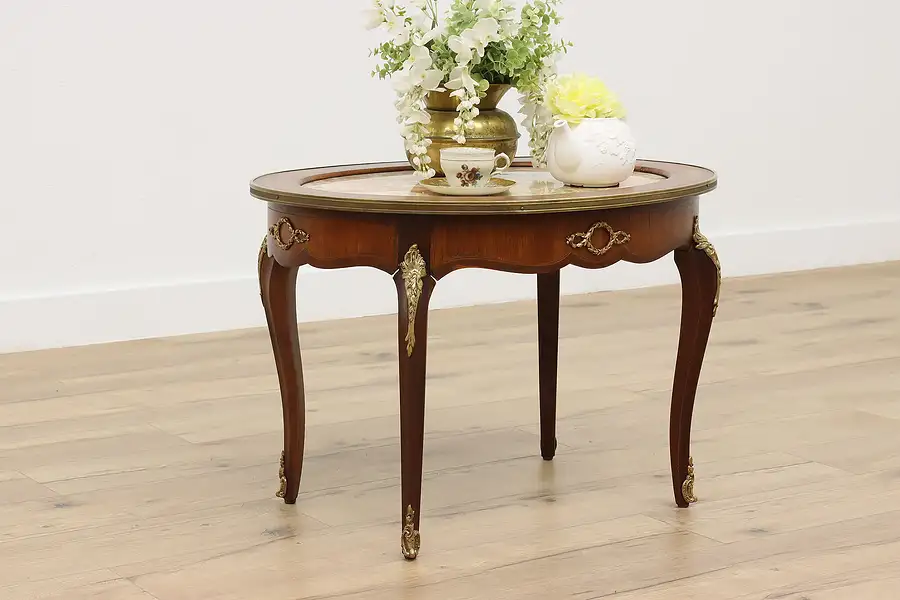 Main image of French Antique Banded Mahogany Coffee Table, Marble & Brass