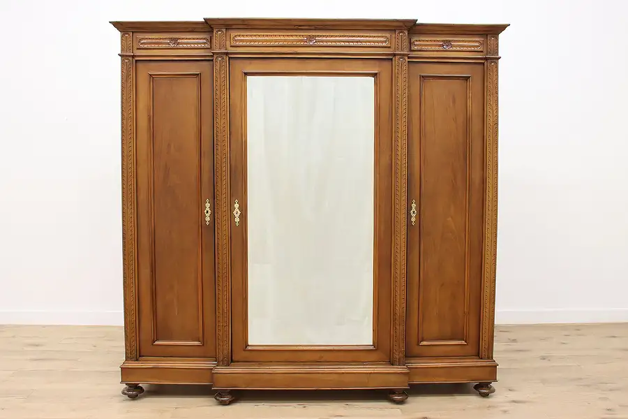 Main image of Italian Antique Triple Walnut Armoire Wardrobe Closet Mirror