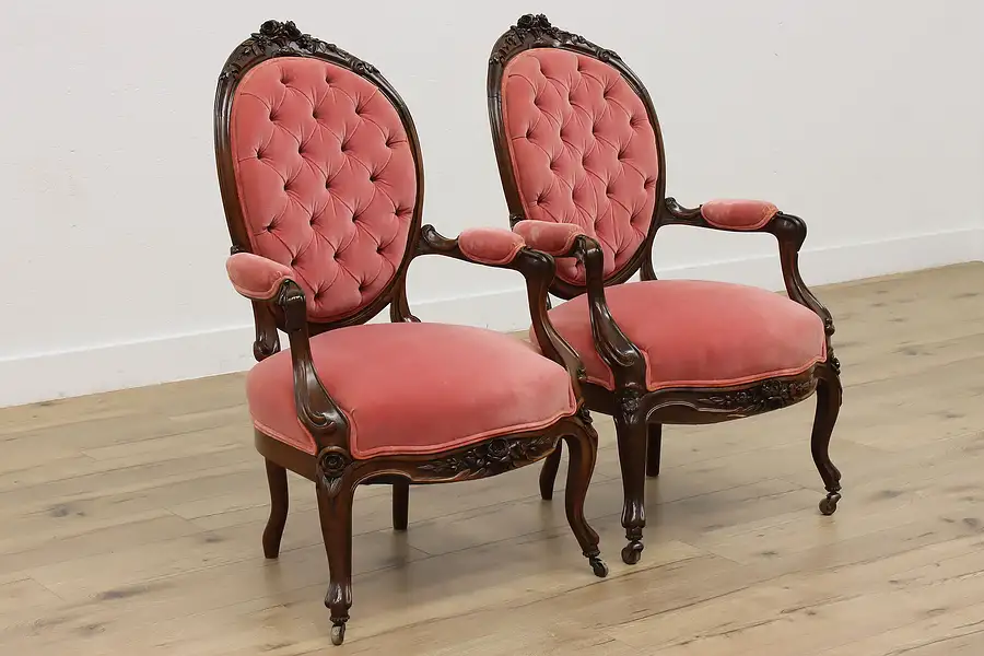 Main image of Pair Victorian Antique Carved Rosewood Tufted Velvet Chairs