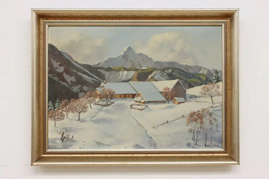 Main image of Winter Farm Original Vintage Oil Painting, Hillebrach 32"