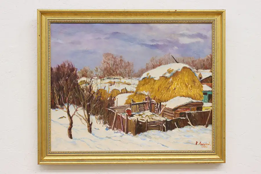 Main image of Winter Haystacks Vintage Original Oil Painting, Signed 22.5"