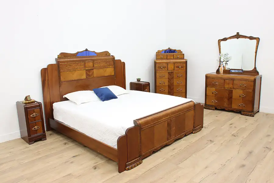 Main image of Art Deco Vintage 5 Pc. Waterfall Bedroom Set, King Size Bed