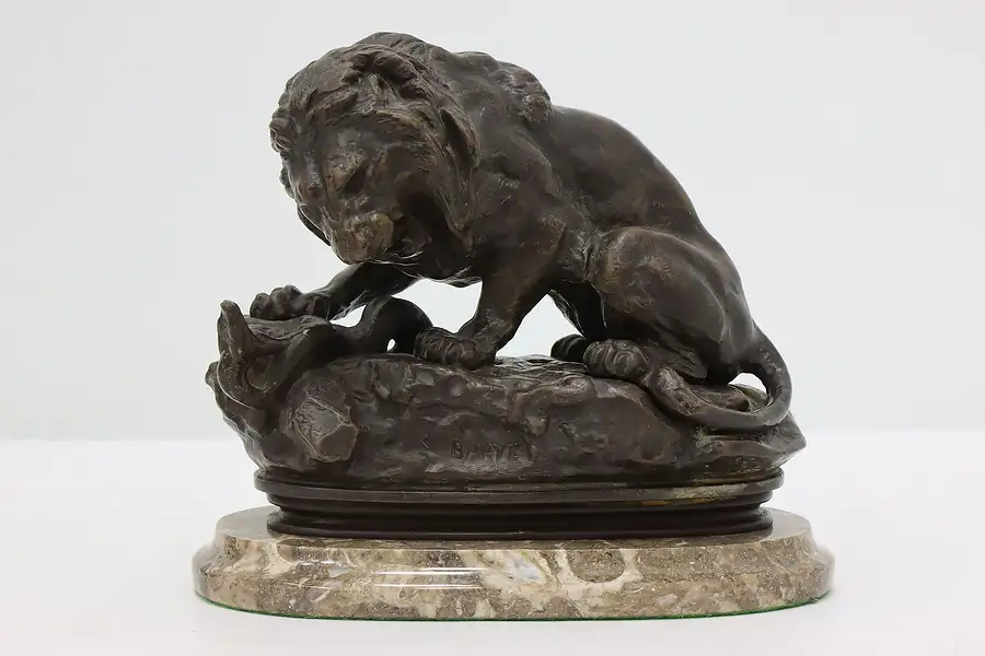 Main image of French Antique Bronze & Marble Lion and Serpent after Barye