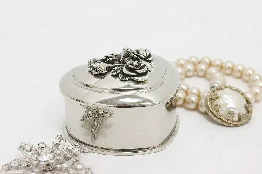 Main image of Heart Shape Vintage Silverplate Jewelry Box, Roses