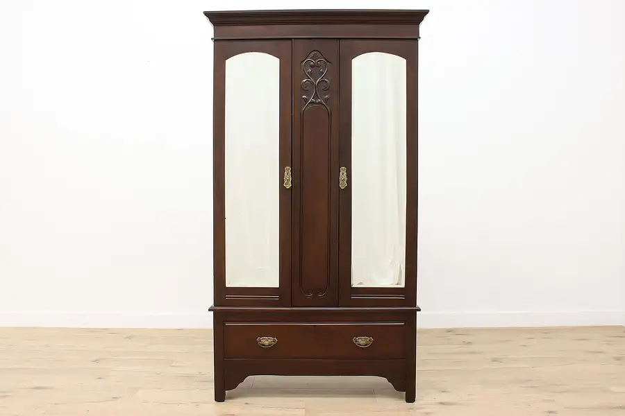 Main image of Victorian Antique English Armoire or Wardrobe, Mirror Doors