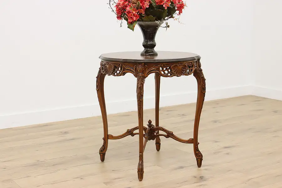 Main image of French Design Antique Carved Center Entry Table, Marquetry