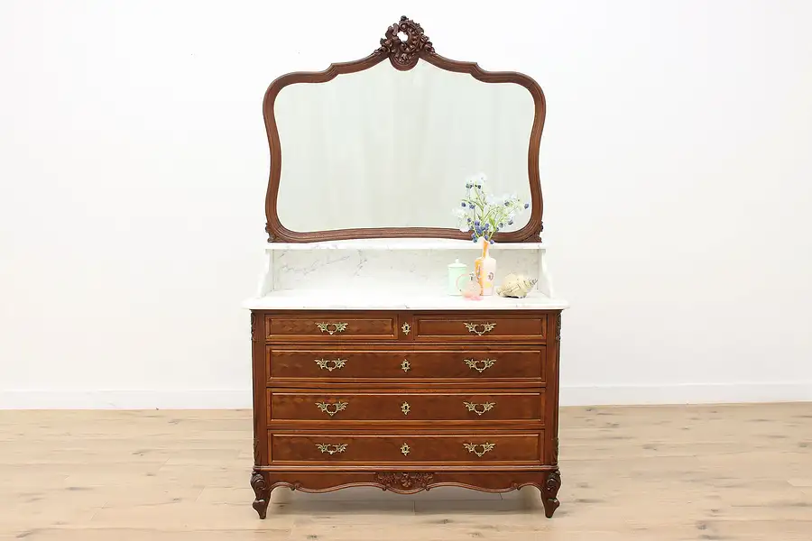 Main image of French Antique Mahogany Marble Top Chest or Dresser, Mirror