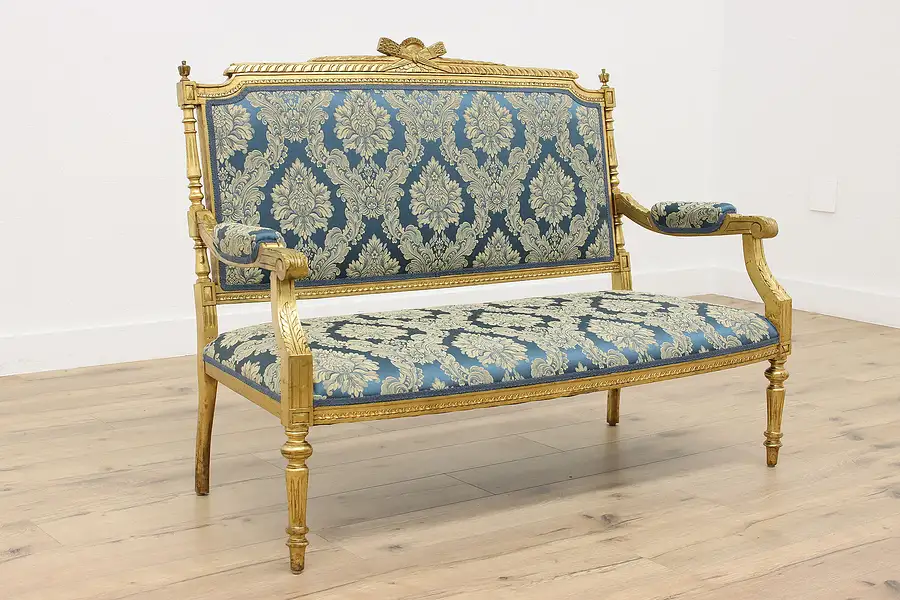 Main image of French Antique Carved Gold Settee Hall Bench, New Upholstery