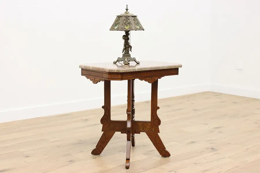 Main image of Victorian Eastlake Antique Carved Walnut Entry Table, Marble