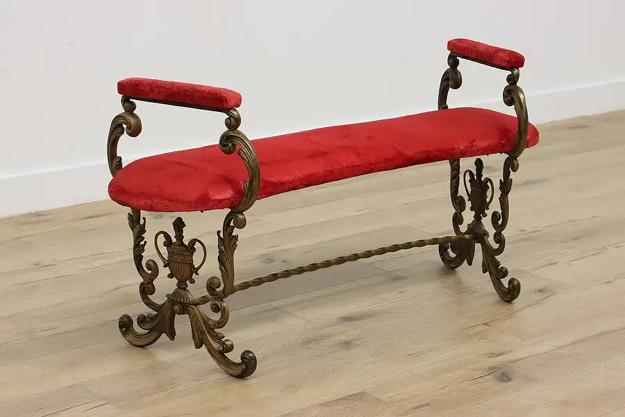 Main image of Victorian Antique Curved Iron Hall Bench, Velvet, Arms