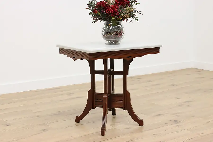 Main image of Victorian Antique Carved Walnut & Marble Top Parlor Table