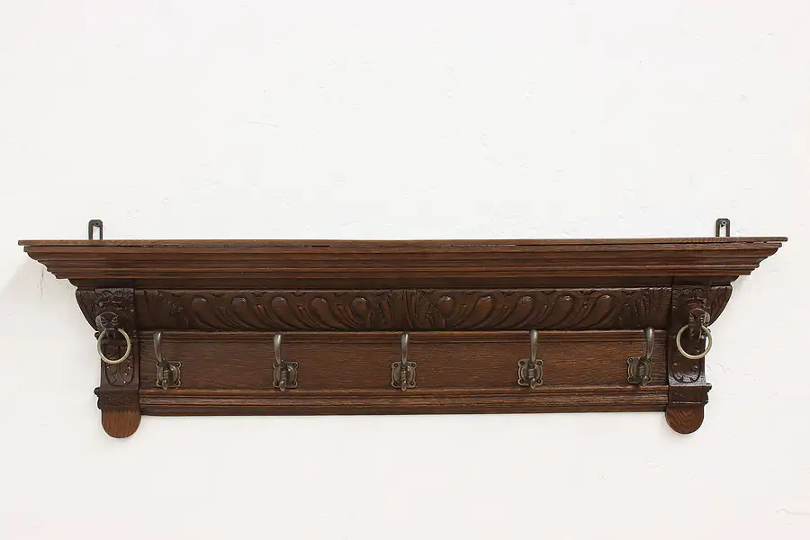 Main image of Victorian Antique Carved Wall Hanging Coat Rack & Shelf