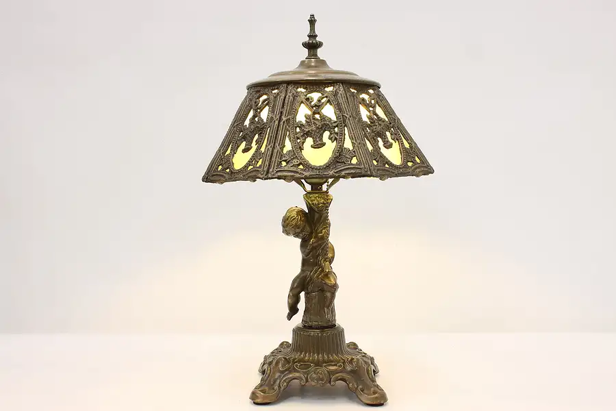 Main image of Art Nouveau Vintage Stained Glass Desk Lamp, Cherub