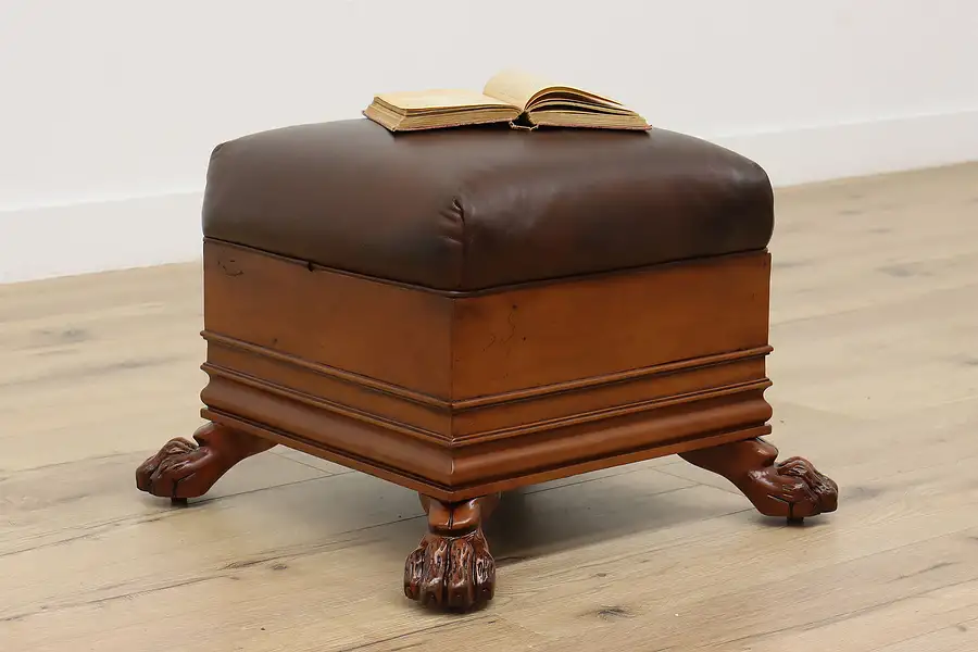 Main image of Georgian Design Vintage Leather Footstool, Lion Feet Heindel