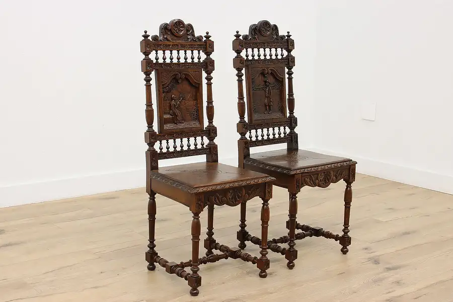 Main image of Pair of Antique Oak French Brittany Chairs, Carved Couple