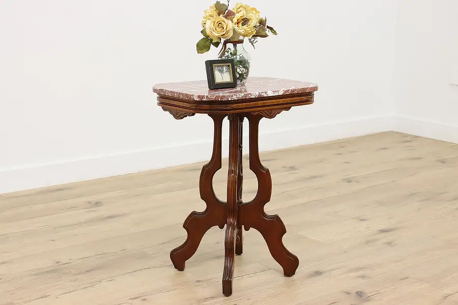 Main image of Victorian Antique Carved Walnut End or Side Table, Marble