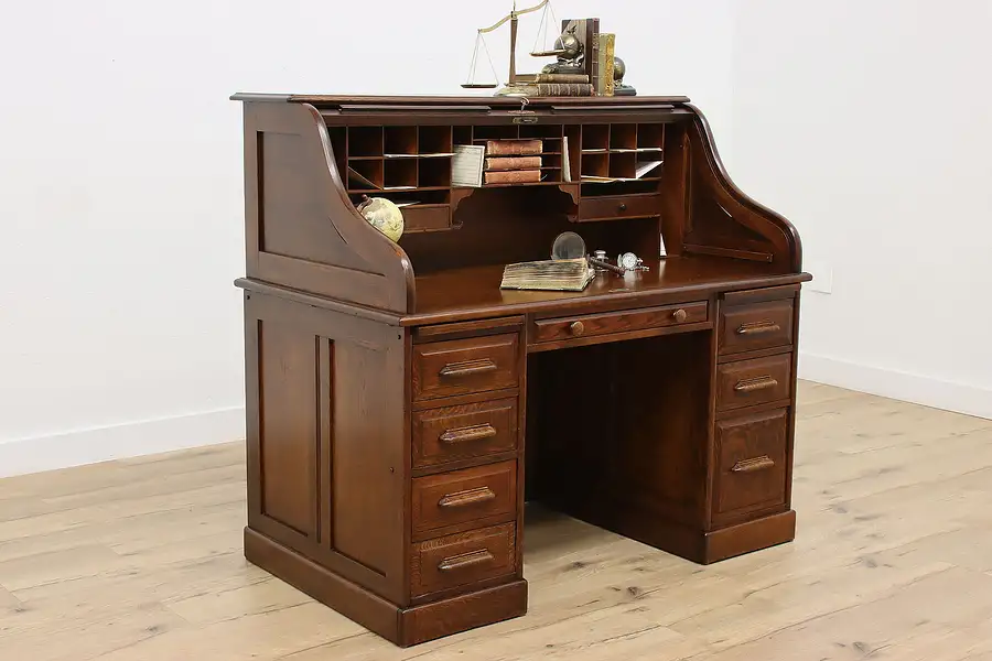 Main image of Victorian Antique Oak S Curve Office Library Roll Top Desk