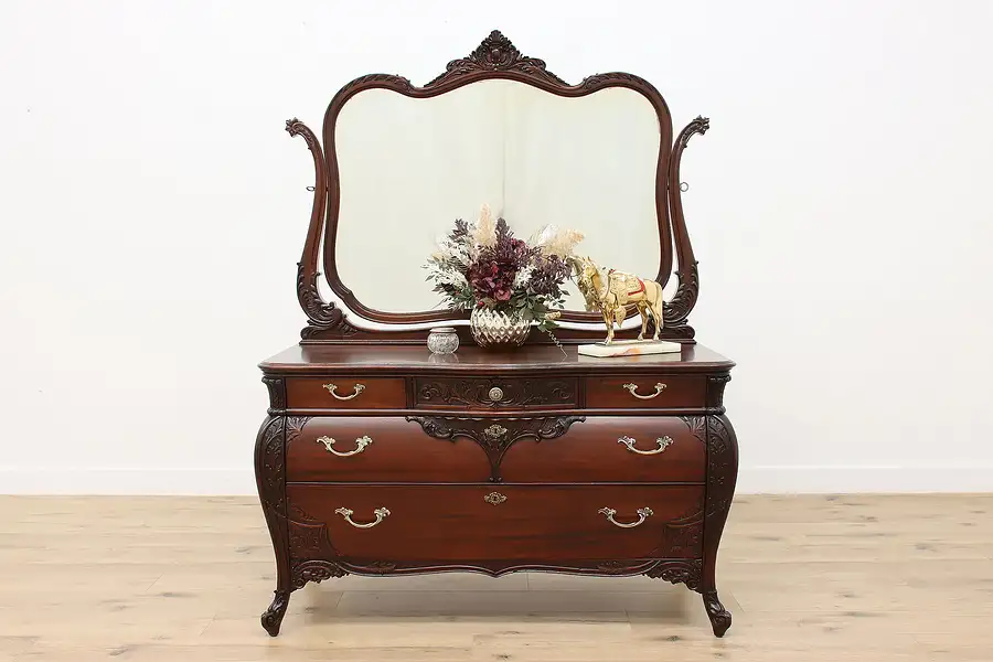 Main image of Art Nouveau Antique Mahogany Chest Dresser, Mirror, Secret