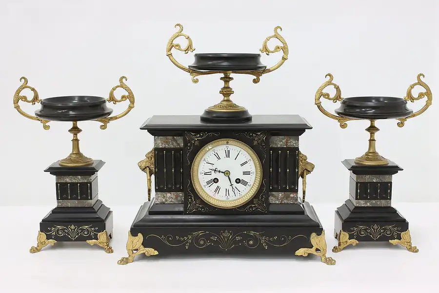 Main image of French Antique 3 Pc Marble & Slate Mantel Clock Set, Lions