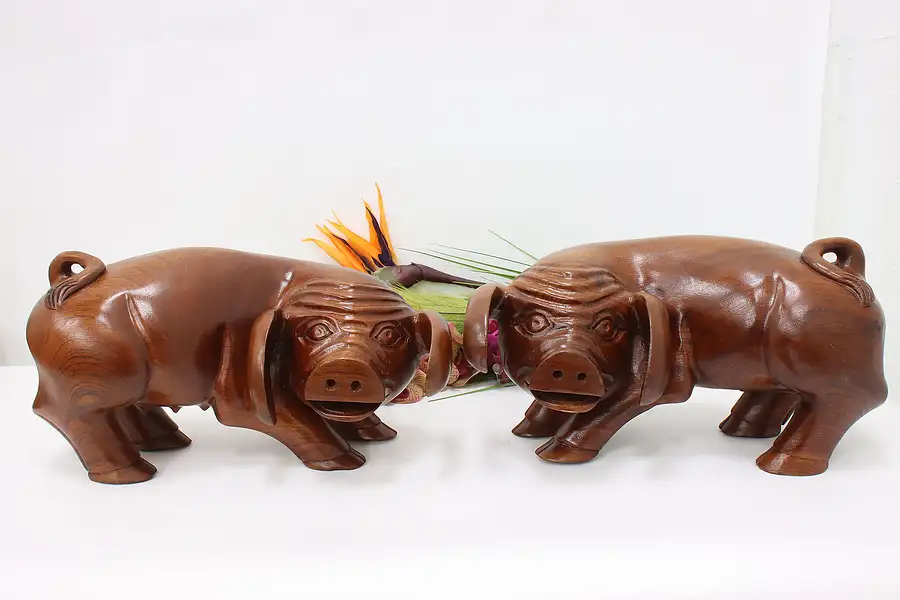 Main image of Pair of Bali Vintage Statues Carved Mahogany Pig Sculptures