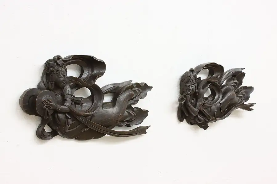 Main image of Pair of Vintage Chinese Flying Musical Goddess Wall Plaques