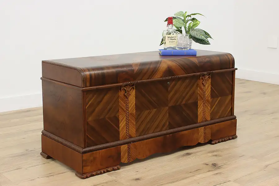 Main image of Art Deco Waterfall Vintage Cedar Blanket Chest or Trunk Roos