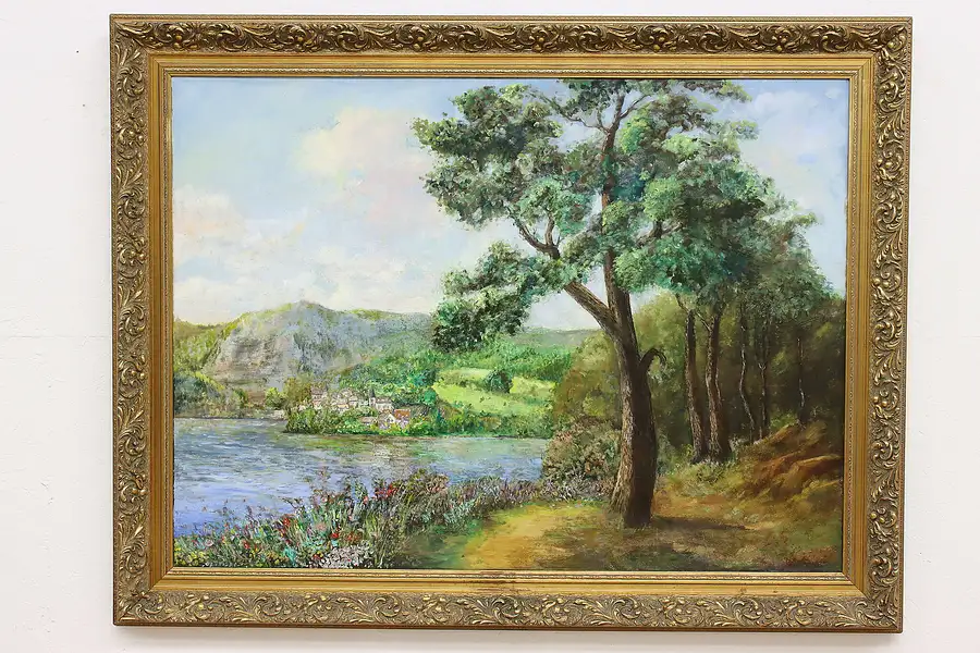 Main image of Lakeside City & Mountain Original Vintage Oil Painting 58"