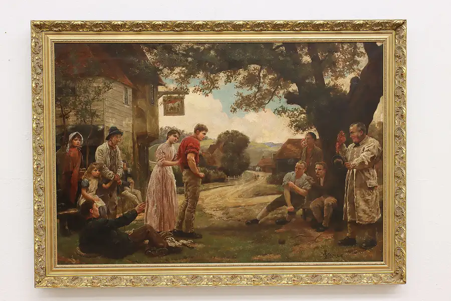 Main image of Meeting of Villagers Antique Original Oil Painting Lance 53"