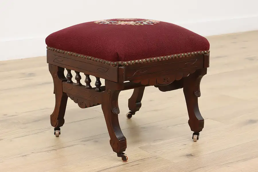 Main image of Victorian Eastlake Antique Carved Walnut & Needlepoint Stool