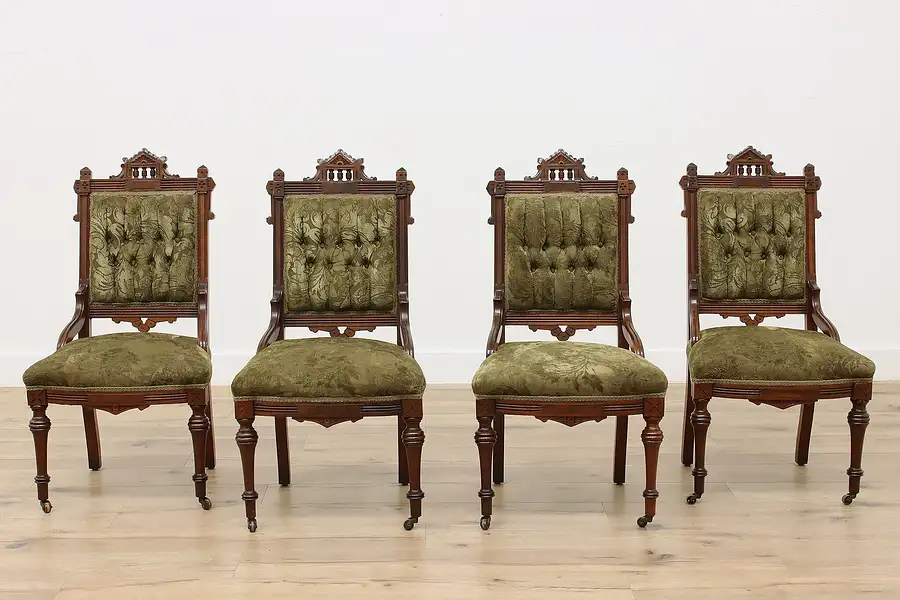 Main image of Victorian Eastlake Antique Set 4 Walnut Dining Game Chairs