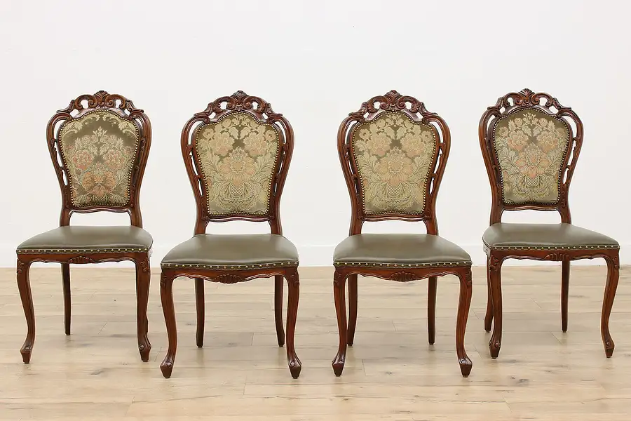 Main image of Set of 4 Italian Carved Dining or Game Chairs Leather Velvet