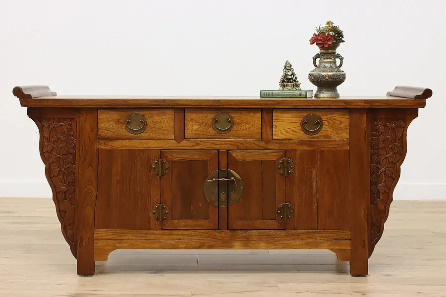 Main image of Carved Elm Antique Chinese Altar, Sideboard, or TV Console