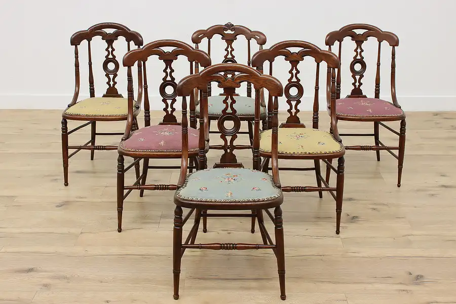 Main image of Set of 6 Antique Victorian Oak Dining Chairs, Needlepoint