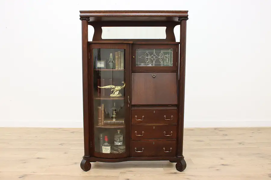 Main image of Oak Antique Side by Side Secretary Desk Bookcase Leaded Door