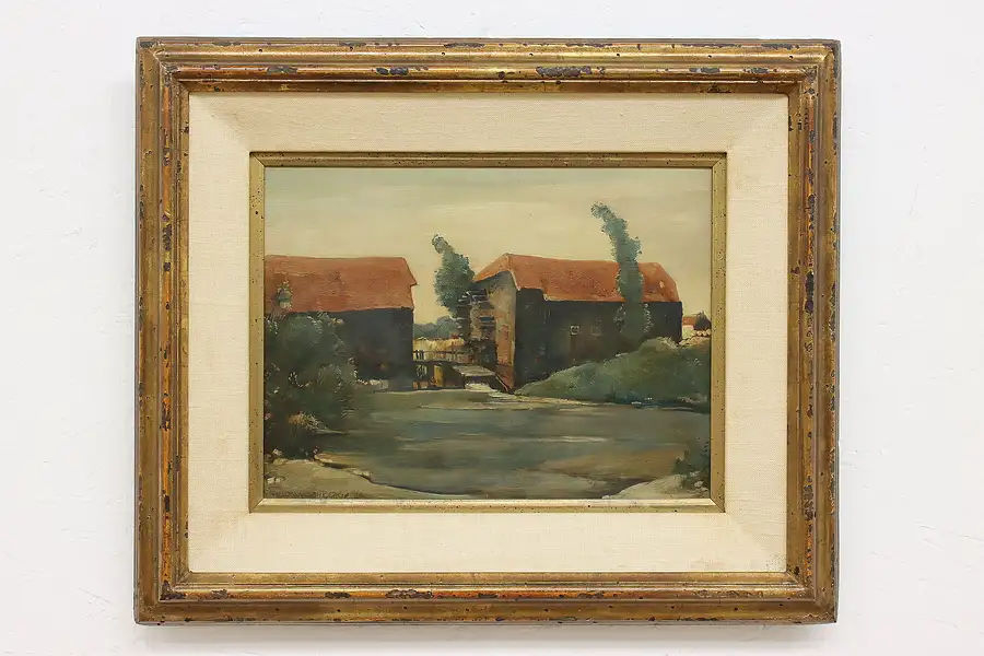 Main image of Dutch Watermill Original Vintage Oil Painting Berg 24"