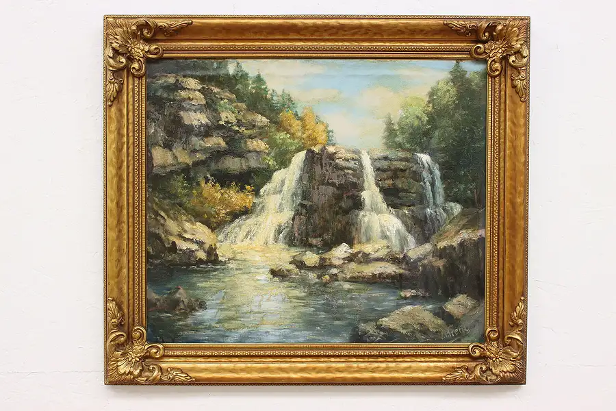 Main image of Forest Waterfalls Original Vintage Oil Painting Trent 29.5"