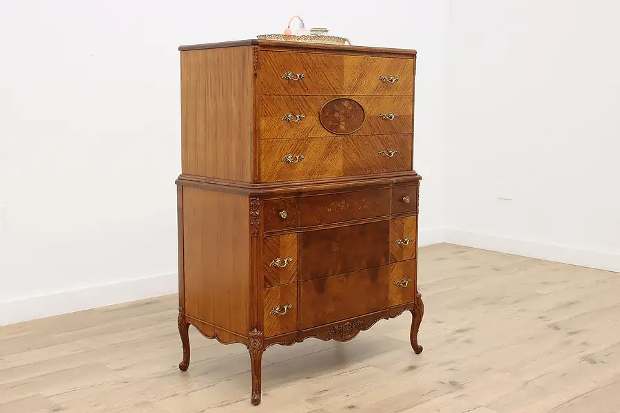 Main image of French Design Vintage Marquetry Tall Chest Dresser, Northern