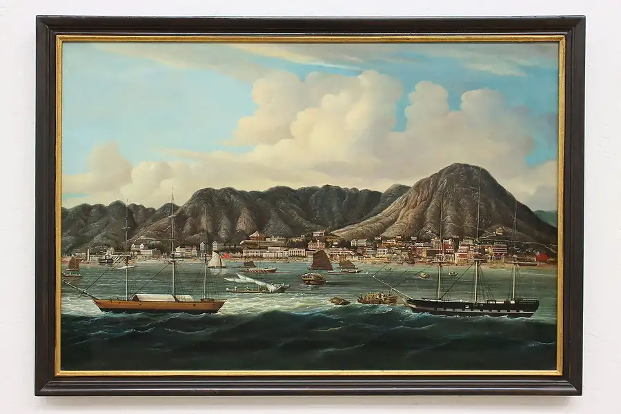 Main image of Harbor City Original Antique Oil Painting after Youqua 32.5"