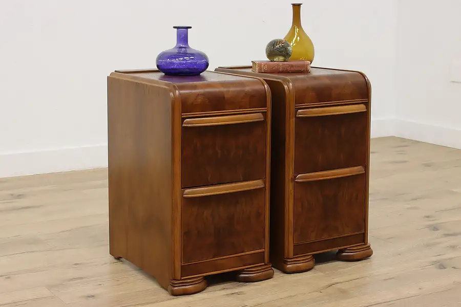 Main image of Pair of Art Deco Vintage Waterfall Nightstands or End Tables