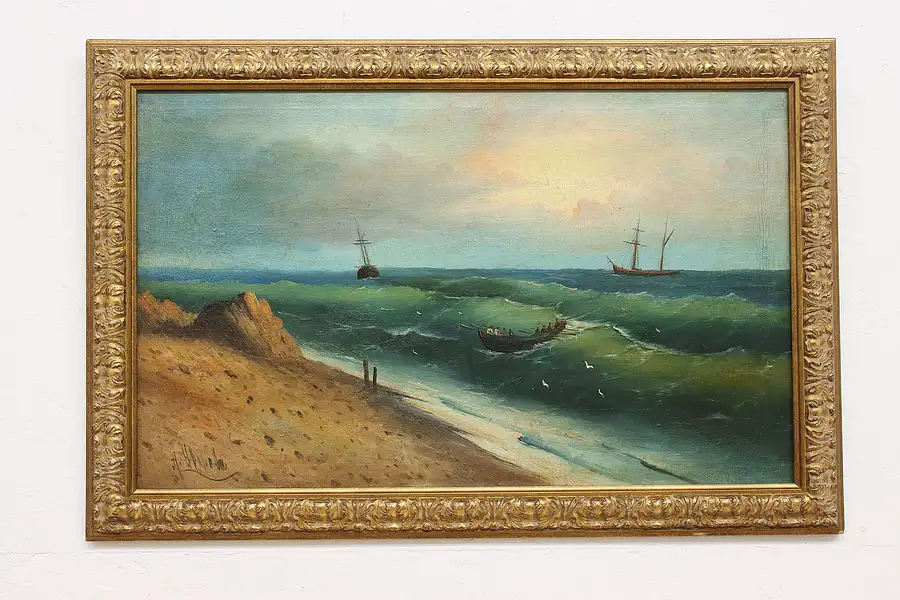 Main image of Sailors & Boats Antique Original Oil Painting, Uvarov 35.5"