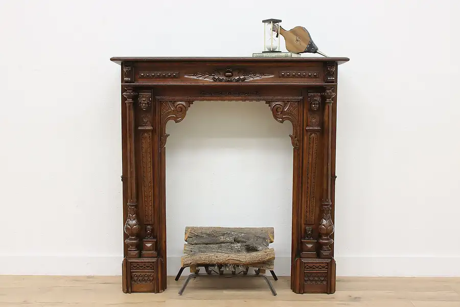 Main image of Danish Antique Oak Fireplace Mantel, Carved Heads & Lions