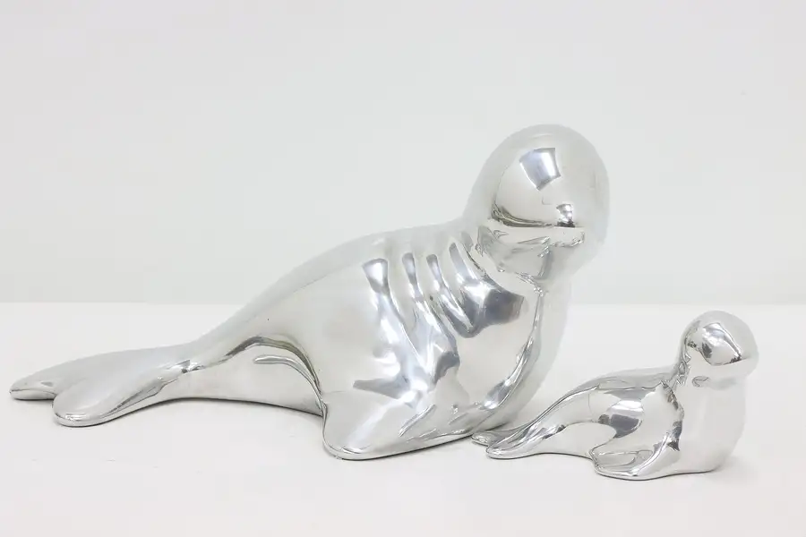 Main image of Aluminum Vintage Mother Seal & Baby Sculpture Pair Hoselton