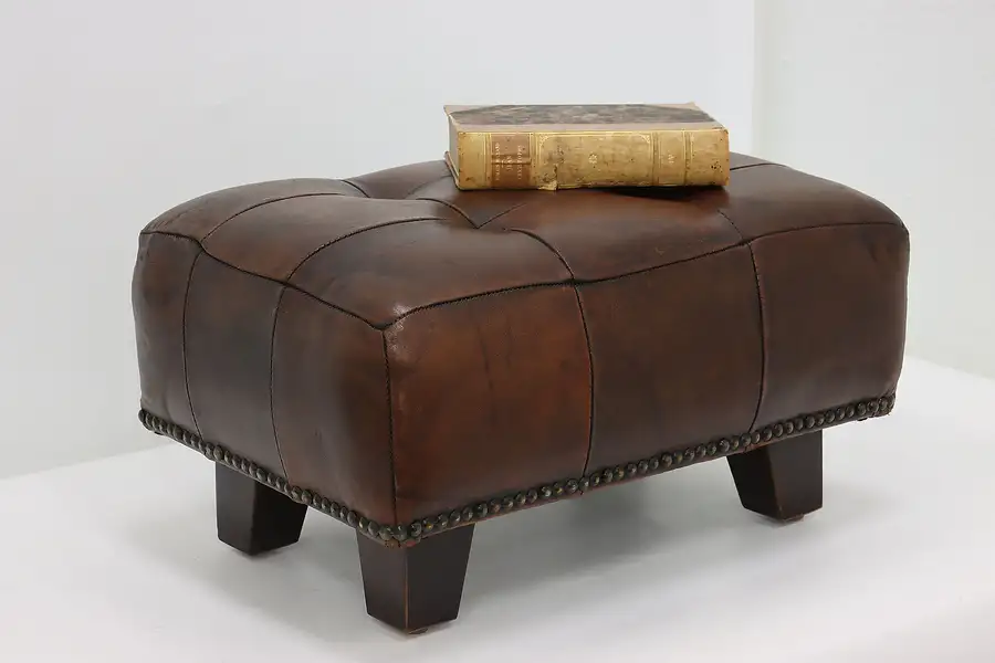 Main image of Traditional Vintage Leather & Brass Nailhead Footstool